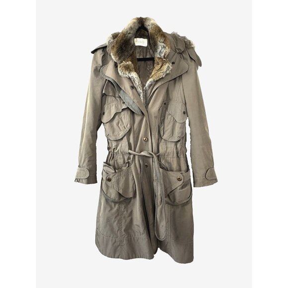 Taupe Fur Hooded Midi Trench Coat 40 XS Quiet Luxury Rabbit Trim Old Money Prep - Picture 1 of 16